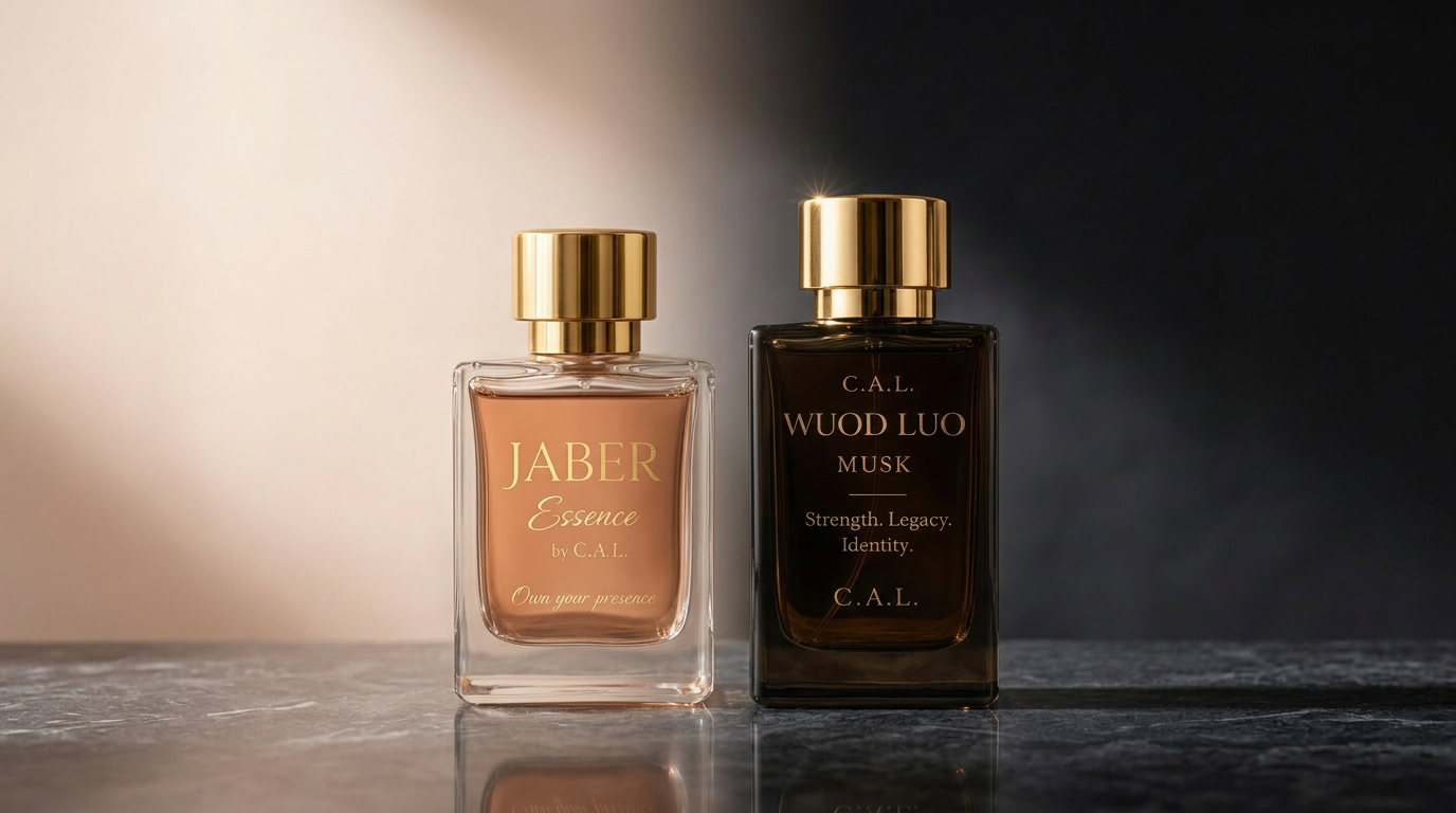 C.A.L. Jaber and Wuod Luo perfume bottles standing side by side