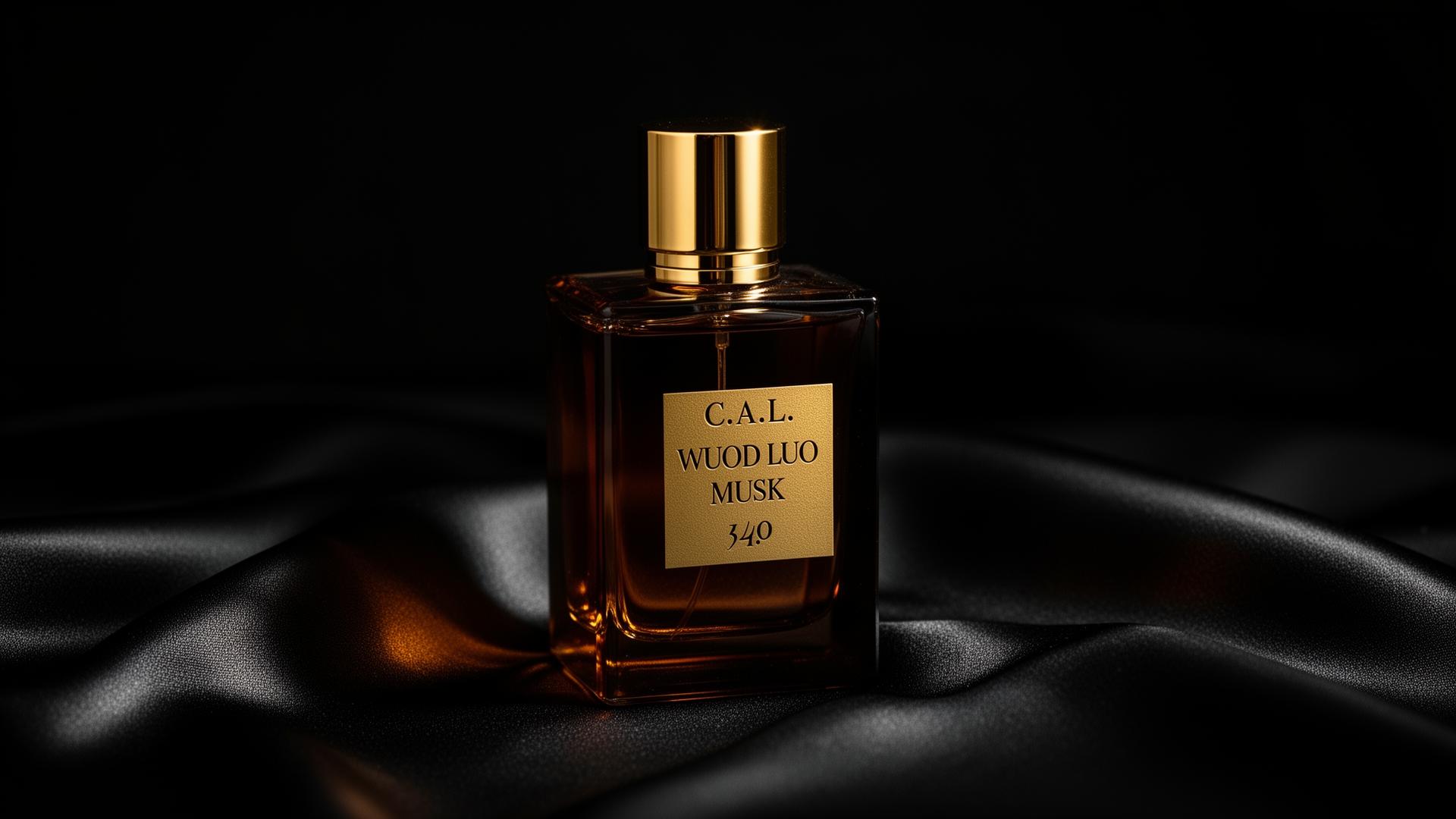 C·A·L Wuod Luo perfume bottle on black silk